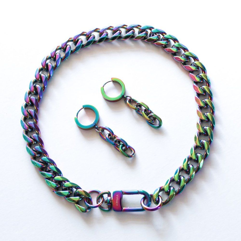 Vitaly Choker and Earrings Bundle - Rainbow Oilslick Finish, Unisex